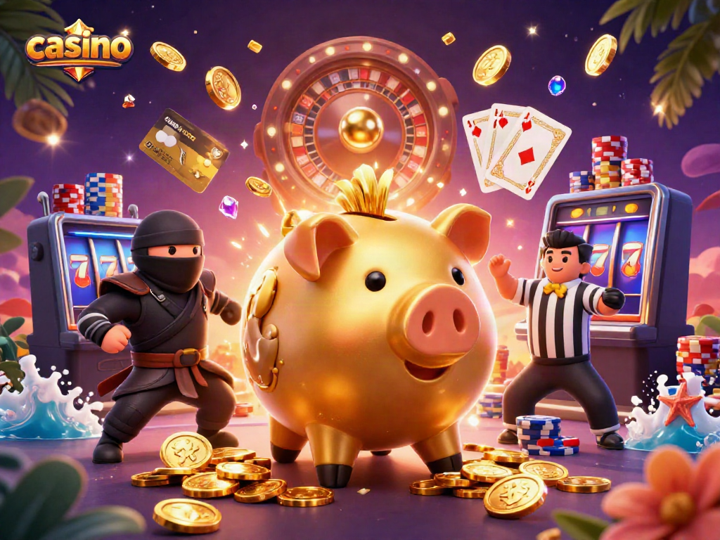 Experience thrilling casino action with a golden piggy bank sumo wrestler surrounded by coins and gems.