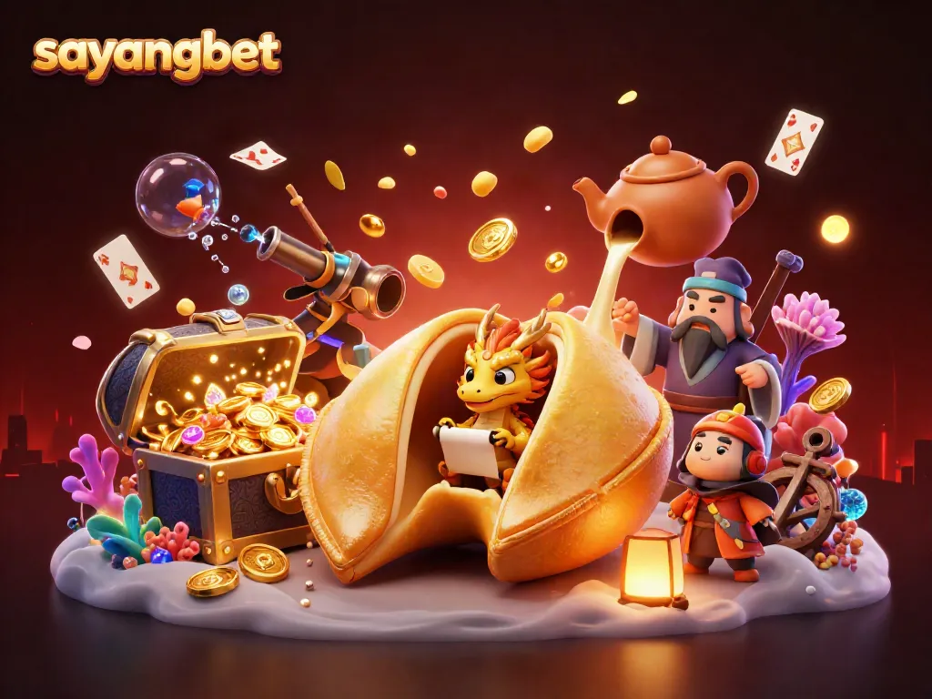 Experience thrilling moments with sayangbet, showcasing a lively casino scene with golden treasures and adorable characters.