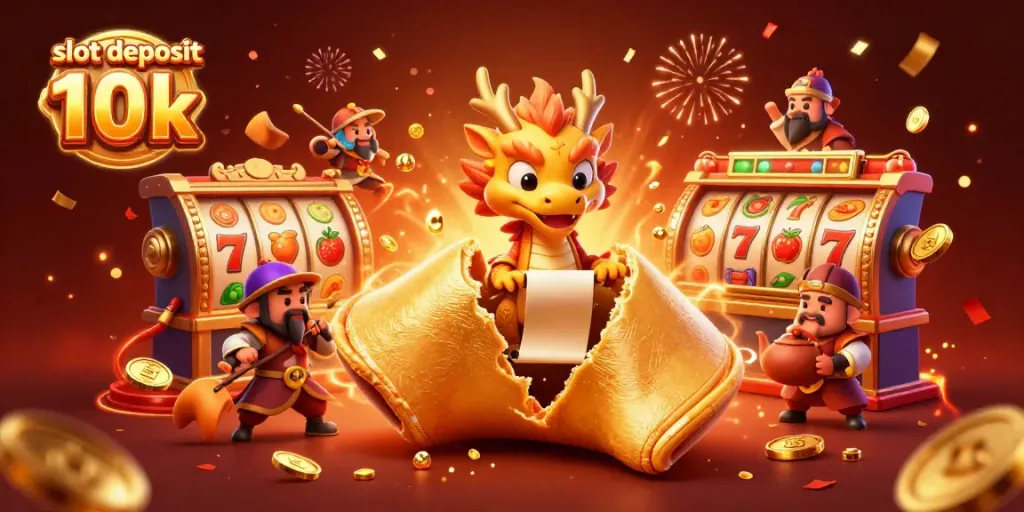 Experience rich wins with slot deposit 10k surrounded by vibrant fortune cookie characters and slot elements.