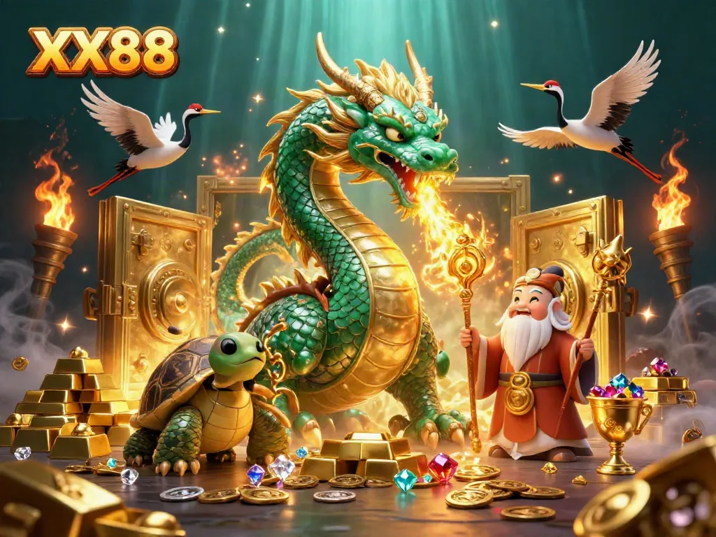 Experience the thrill of XX88 with iconic dragon and turtle characters amidst a wealth of treasures.