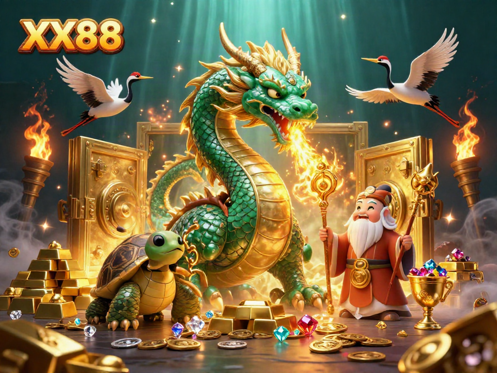 Experience the thrill of XX88 with iconic dragon and turtle characters amidst a wealth of treasures.