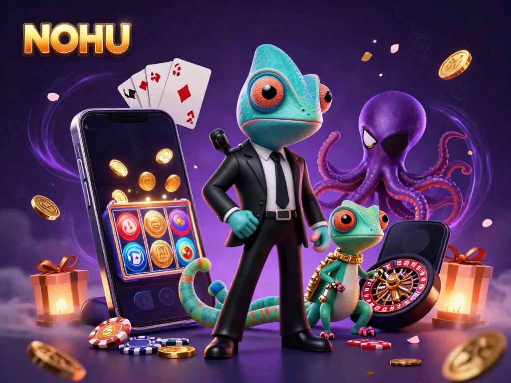 Experience thrilling gaming with NOHU featuring cartoon characters amidst dynamic gambling elements.