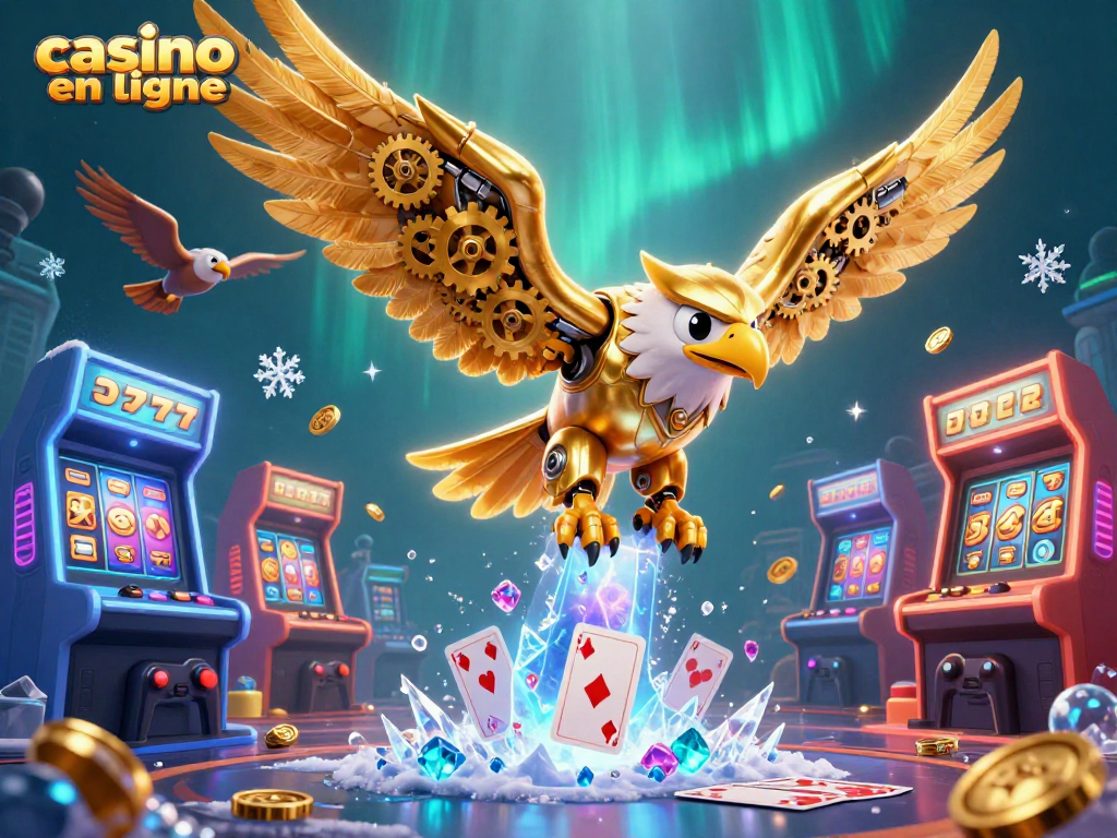 Jouez à des jeux de casino en ligne avec un aigle cybernétique au milieu d'une cascade de cartes holographiques.