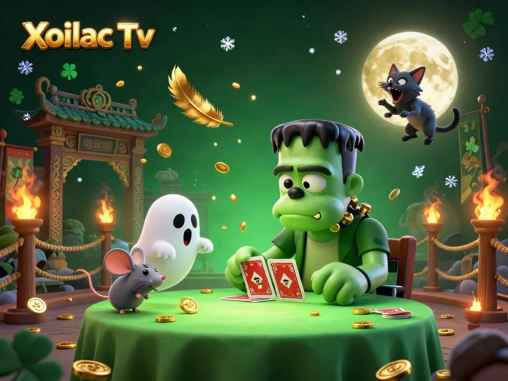 Xoilac Tv showcases a lively 3D scene with a Frankenstein bulldog dealer at a spooky table, enhancing the sports betting experience.