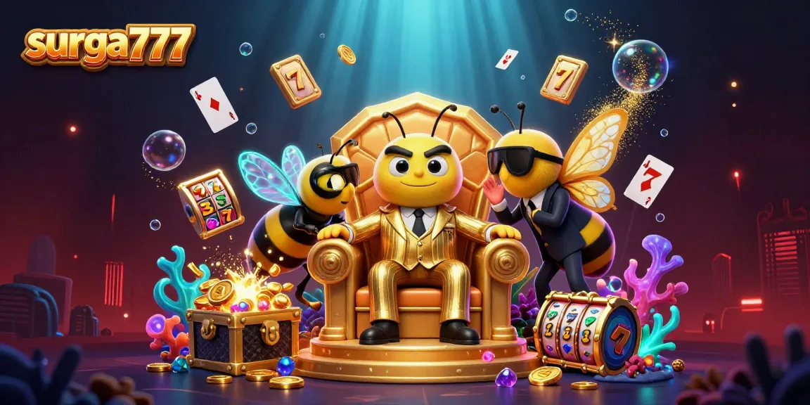 Experience thrilling gameplay with surga777, featuring slot reels, a bumblebee boss, and gold treasures.