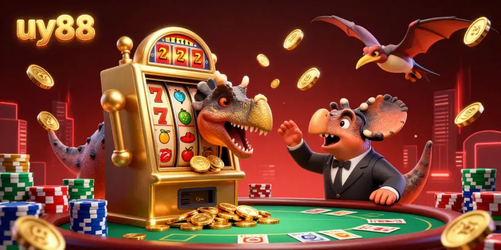 uy88 captures a thrilling scene with a pachycephalosaurus and dynamic casino elements in action.