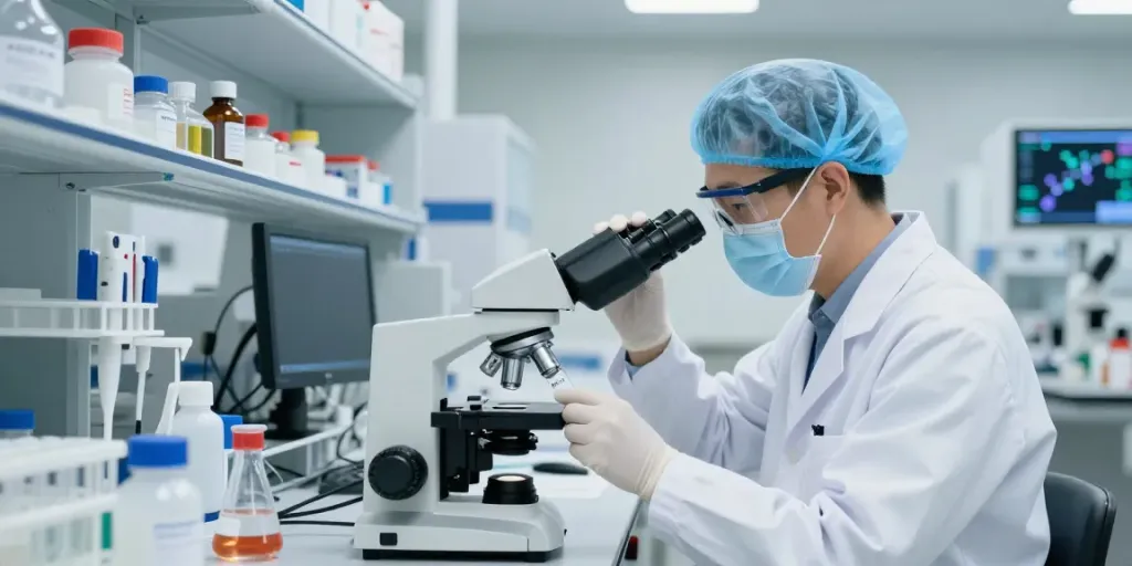 Researcher analyzing mt-2 compound in a modern lab setting.