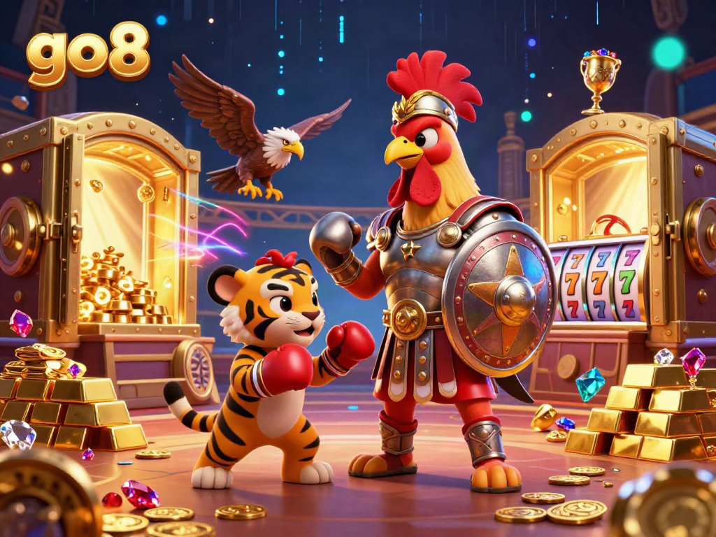 Experience go8 with a lively 3D casino scene featuring a gladiator rooster and vibrant treasure.