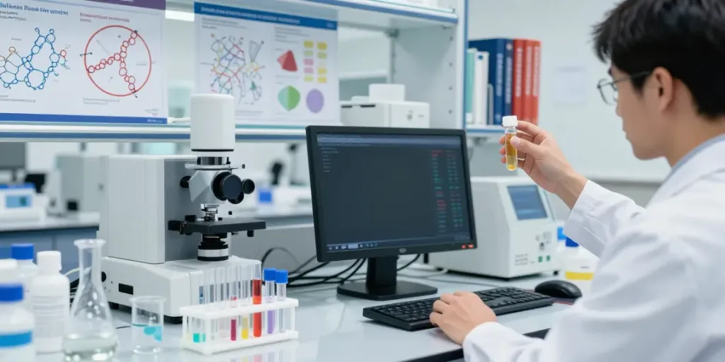 Researcher analyzing peptide samples and prices in a lab setting.