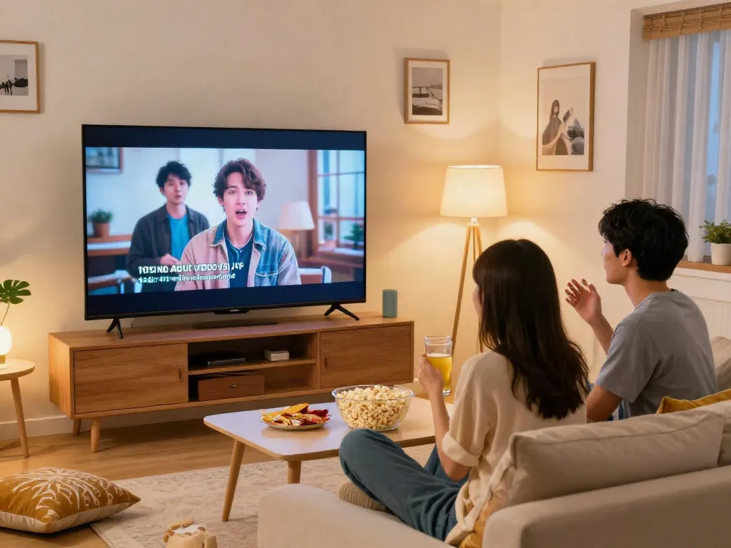 Couple enjoying streaming JAV sub indo in a cozy living room with snacks.