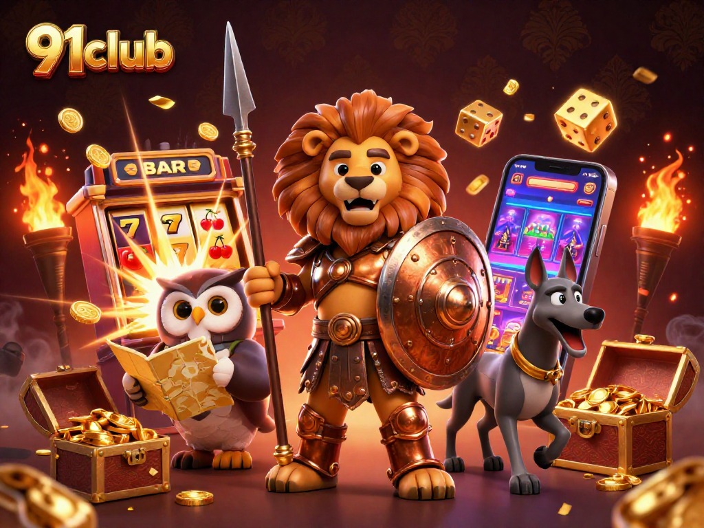91club players engaging with thrilling slot machines and golden treasures in an exciting casino scene