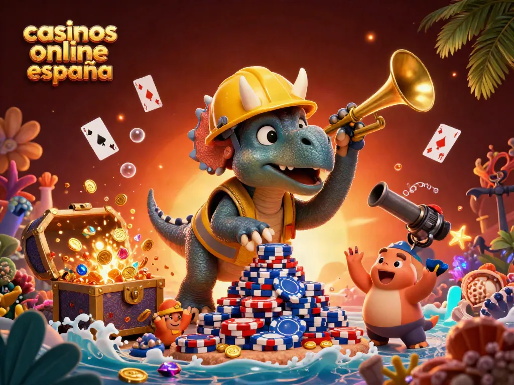 Ilustración de un triceratops y un parasaurolophus celebrando en casinos online en España con fichas de póker y tesoros.