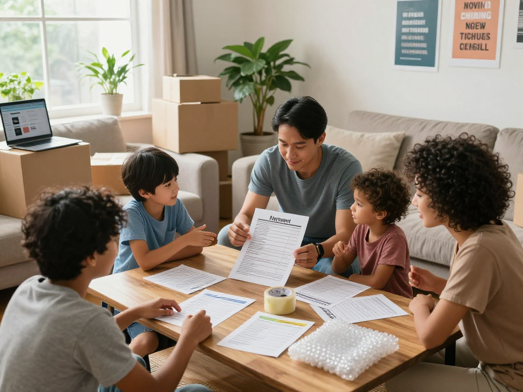 Family reviewing their moving checklist amidst packing boxes in a cozy living room.