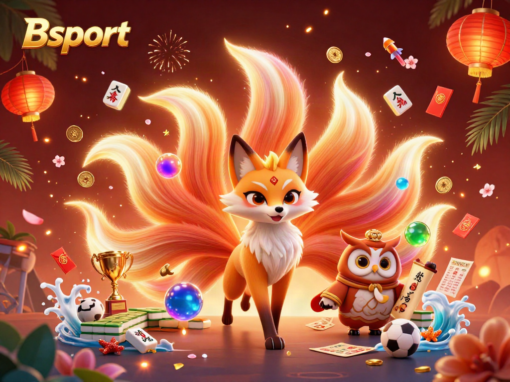 Experience Bsport with a vibrant illustration of a nine-tailed fox and sports elements amidst dynamic visuals.