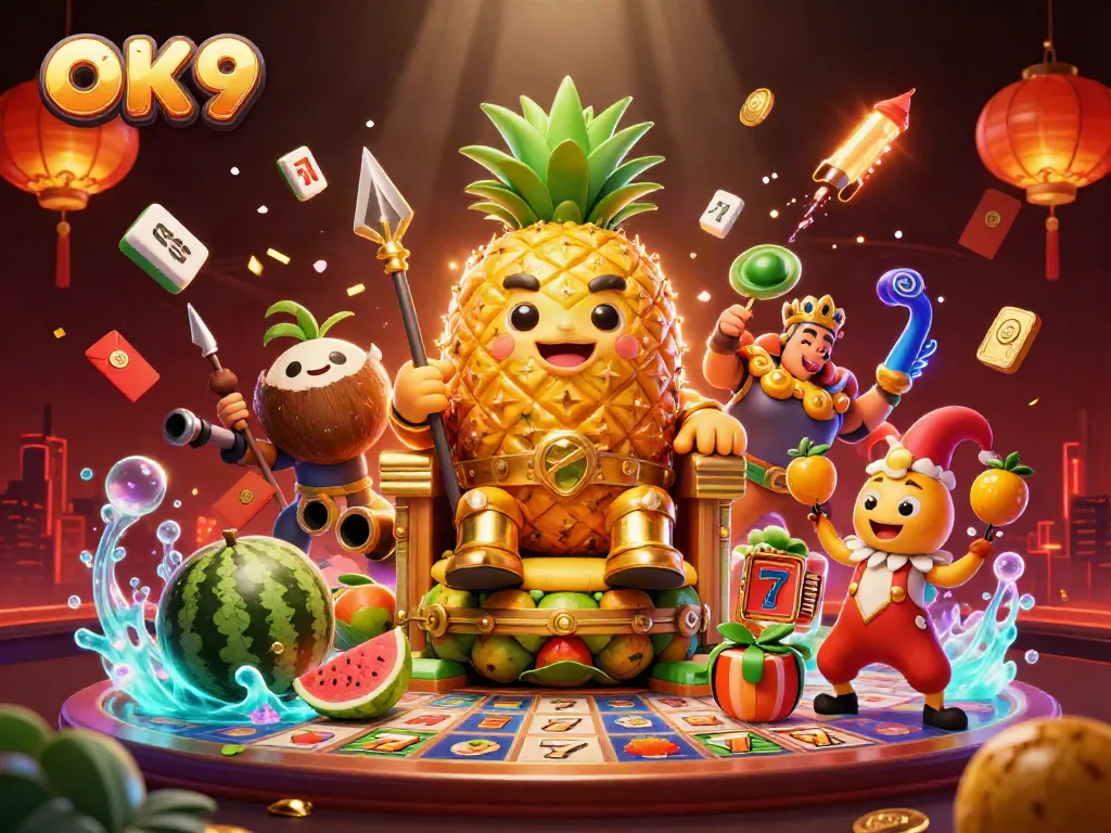 Spin and win at OK9 with the golden pineapple king and dynamic slot games at a tropical beach casino.