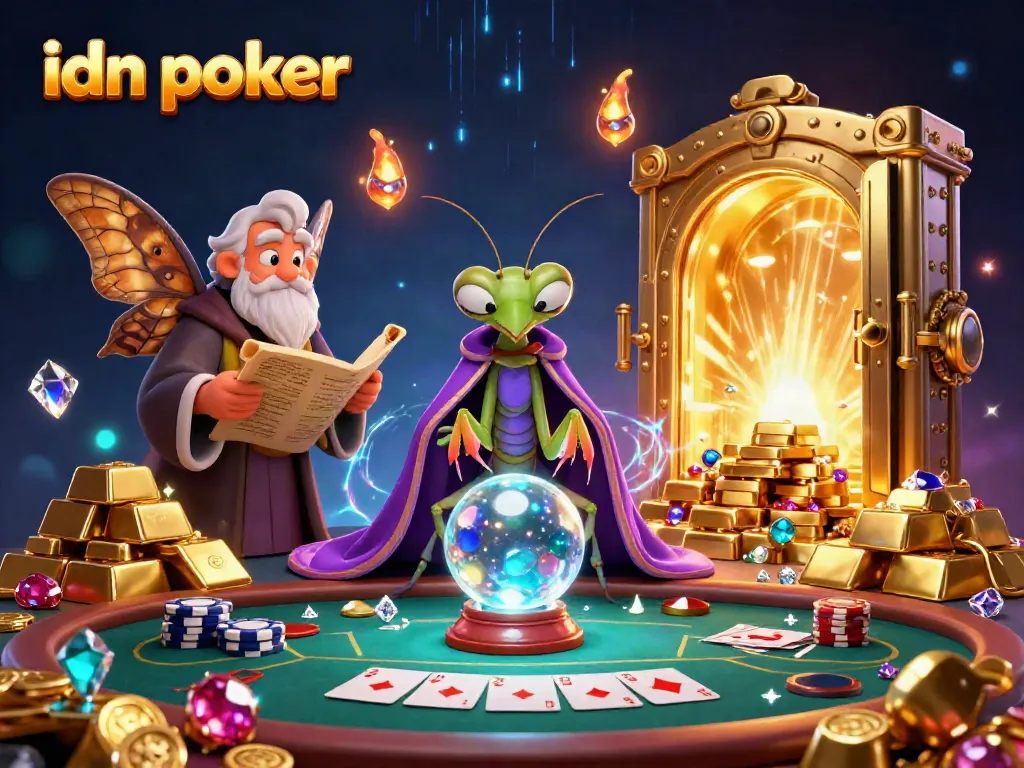 Engage in idn poker with a vibrant illustration featuring mystical characters and a poker table.