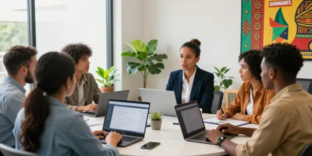 Suriname recruitment office scene with diverse candidates and engaging recruitment agent.
