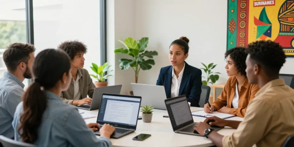 Suriname recruitment office scene with diverse candidates and engaging recruitment agent.