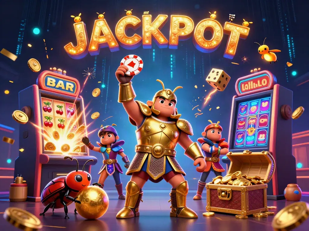 Engage with the thrilling jackpot scene as the toto beetle lifts a winning poker chip triumphantly.