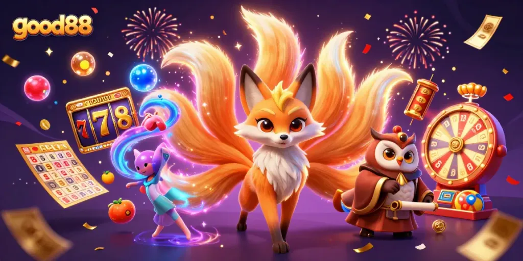 Experience exciting wins at good88 with a colorful 3D casino illustration featuring vibrant characters and gambling elements.