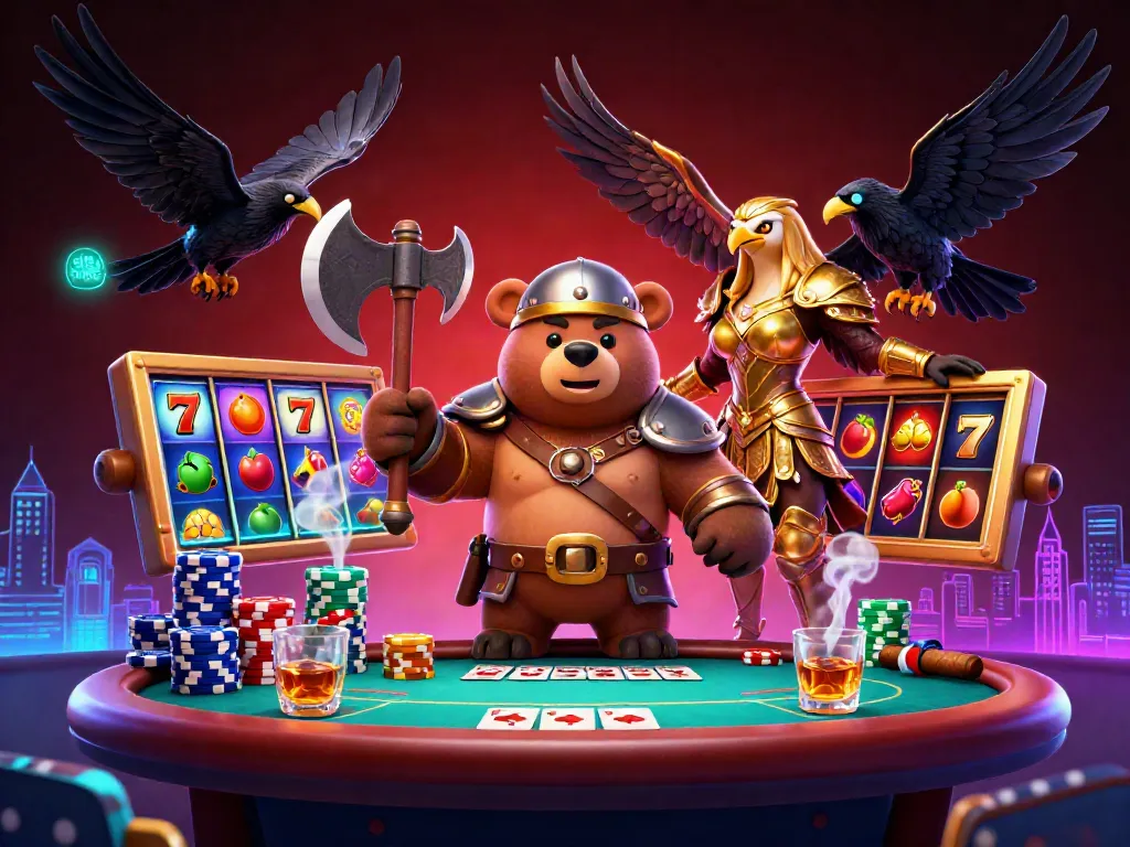 Putar slot online sambil menikmati suasana kasino dengan Viking, burung Valkyrie, dan kasino penuh warna.