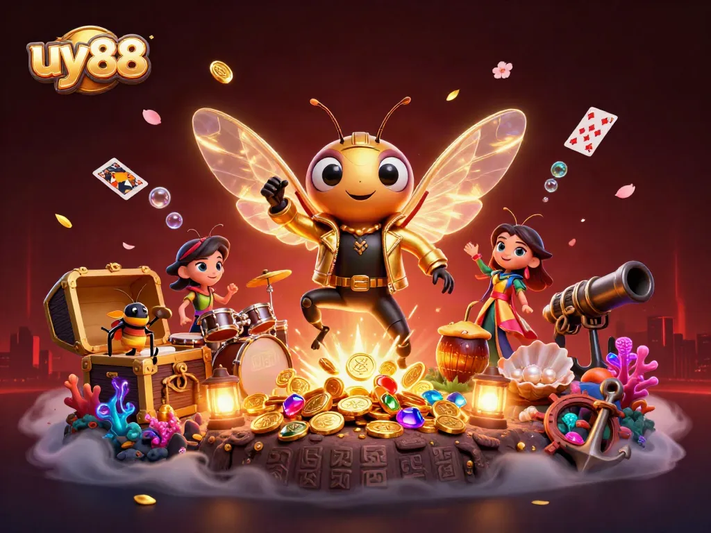 Join the excitement at uy88 with a vibrant scene showcasing a cicada rock star and dynamic gameplay.