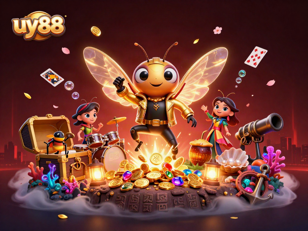Join the excitement at uy88 with a vibrant scene showcasing a cicada rock star and dynamic gameplay.
