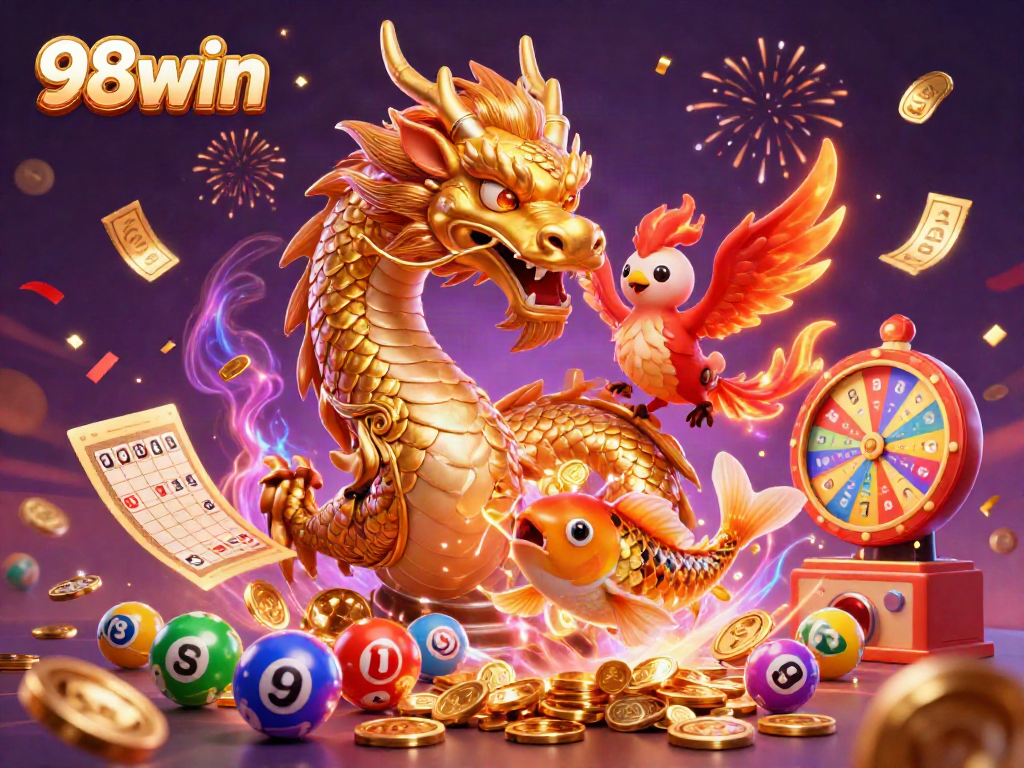 Engage with 98win's exciting gaming world featuring a dragon, phoenix, coins, and vibrant lottery elements.