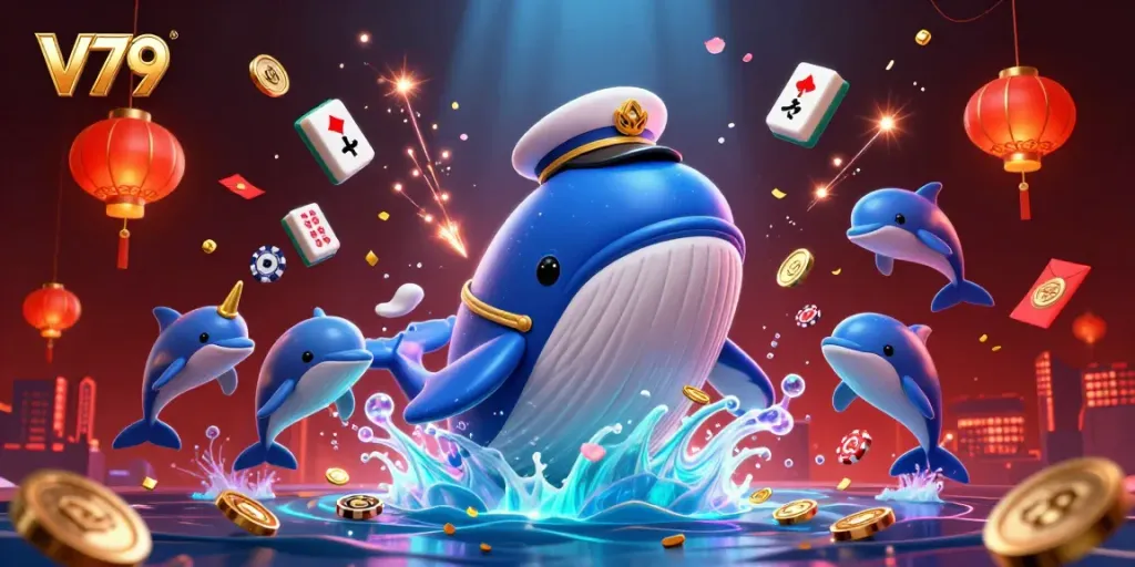Experience the thrill of V79 with a vibrant underwater casino scene featuring playful dolphins and a treasure-filled whale.