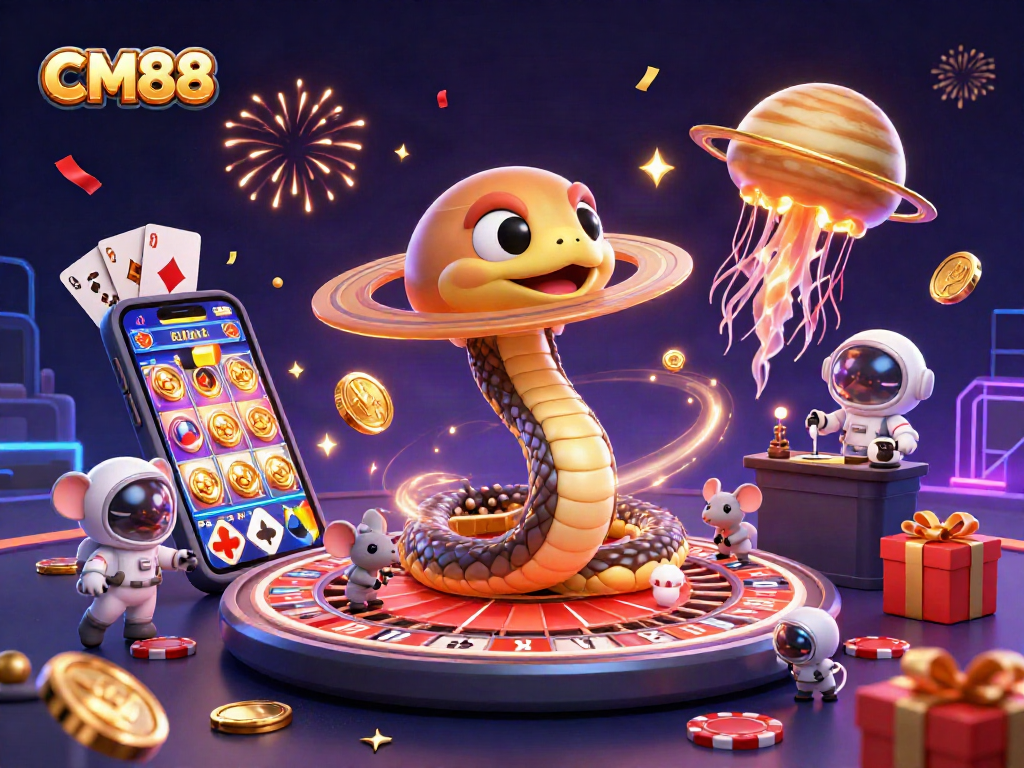 Experience vibrant excitement as tiny astronaut mice bet on the CM88 roulette wheel in an animated casino scene.