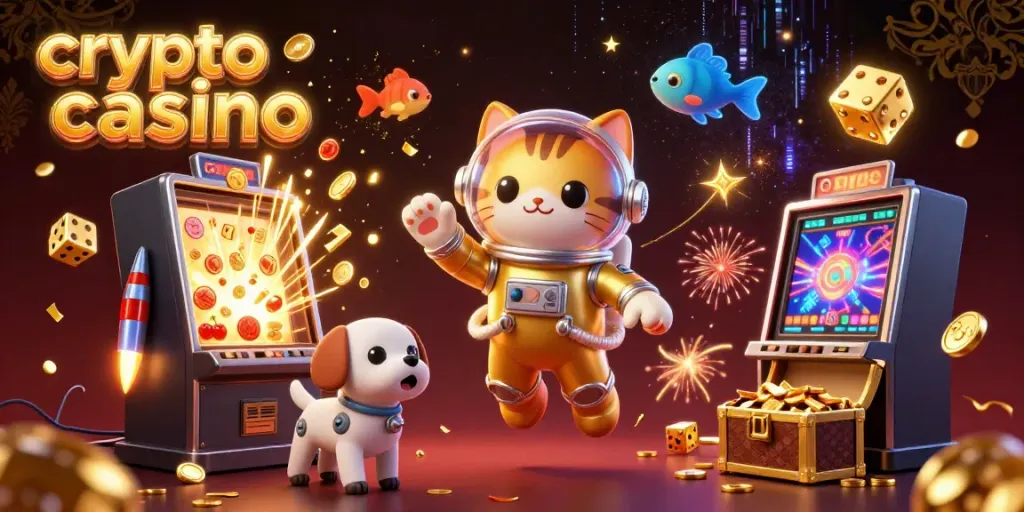 Experience the excitement of a crypto casino with 3D characters and vibrant gaming elements.