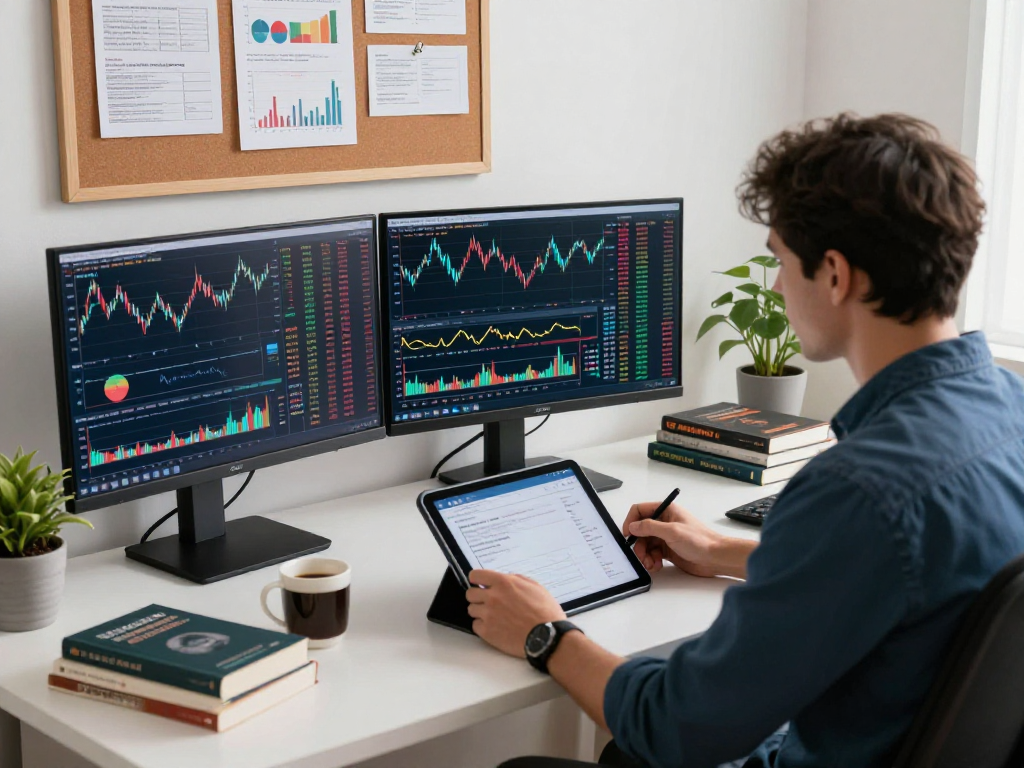 Trader analyzing TradingView charts and market data in a modern workspace with multiple monitors.