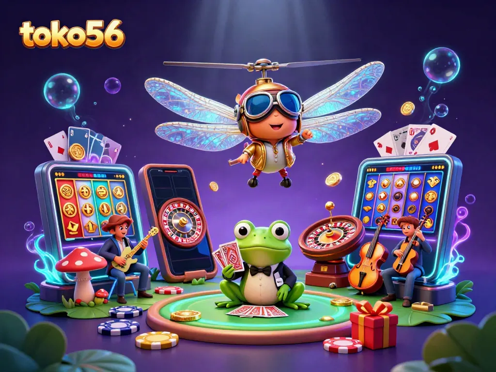 Permainan slot di toko56 dengan karakter lucu dan elemen kasino yang menarik.