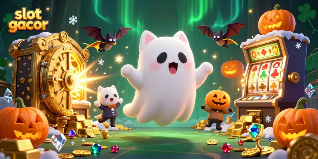Slot gacor menampilkan kucing hantu dan kelelawar menemani pemain dengan simbol kasino berkilau.