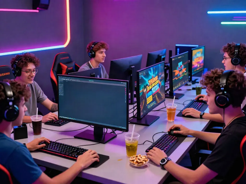 Friends enjoying gaming at an H19 lounge, highlighting vibrant atmosphere and modern technology.