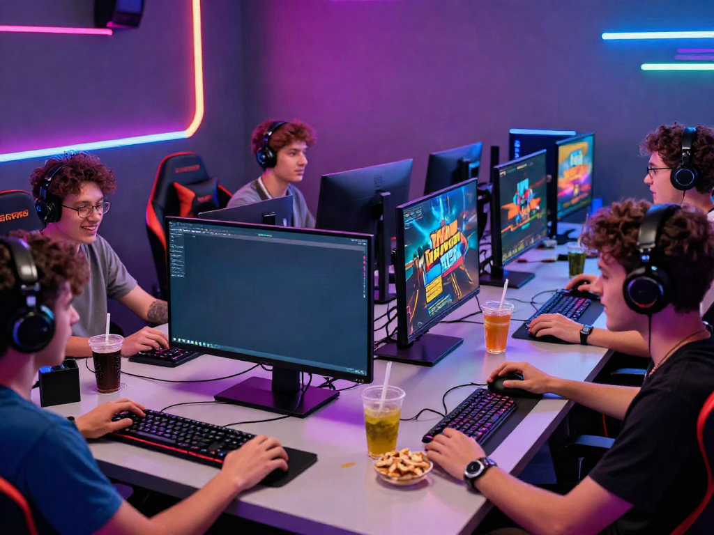 Friends enjoying gaming at an H19 lounge, highlighting vibrant atmosphere and modern technology.