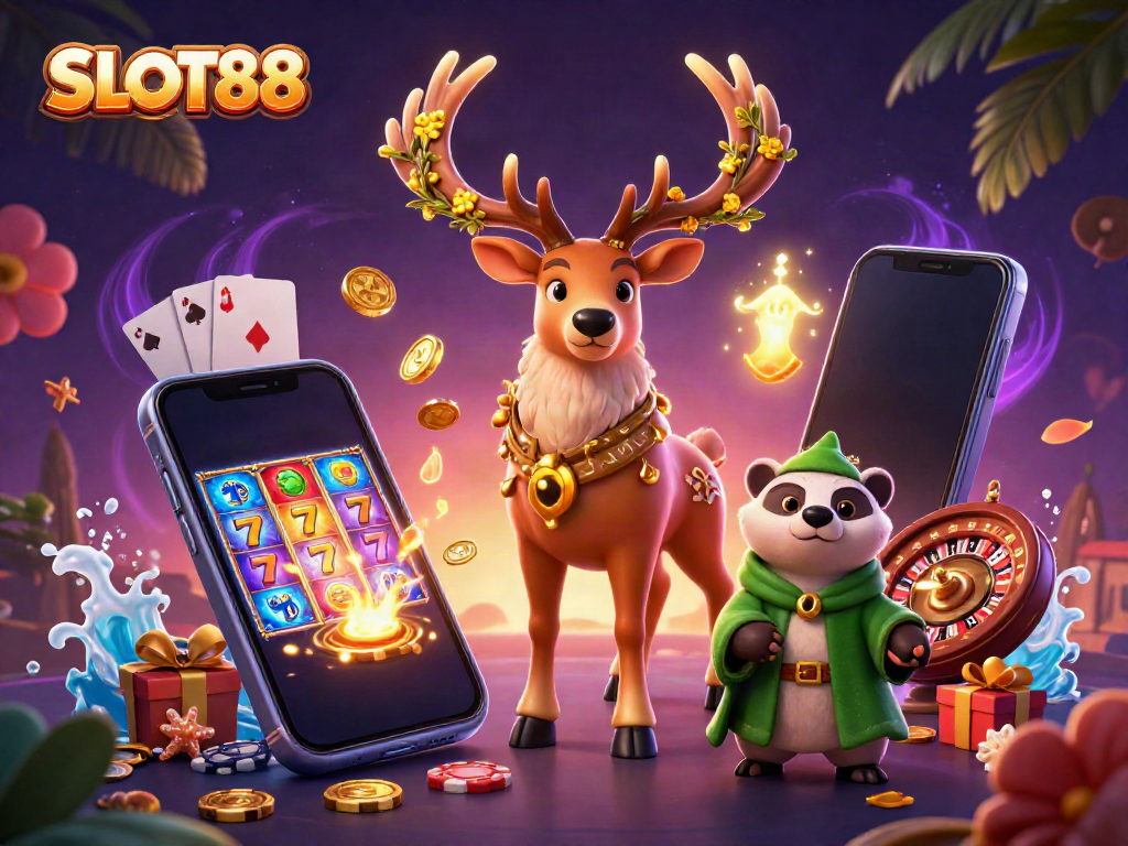 SLOT88 showcases enchanting characters in a vibrant casino scene with dynamic game elements