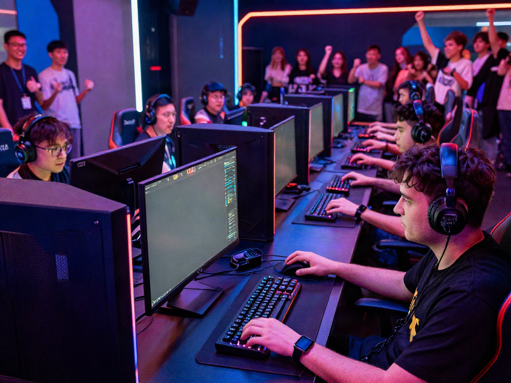 Esports gaming scene at https://five888vin.com/ with dynamic competition and vibrant lighting.