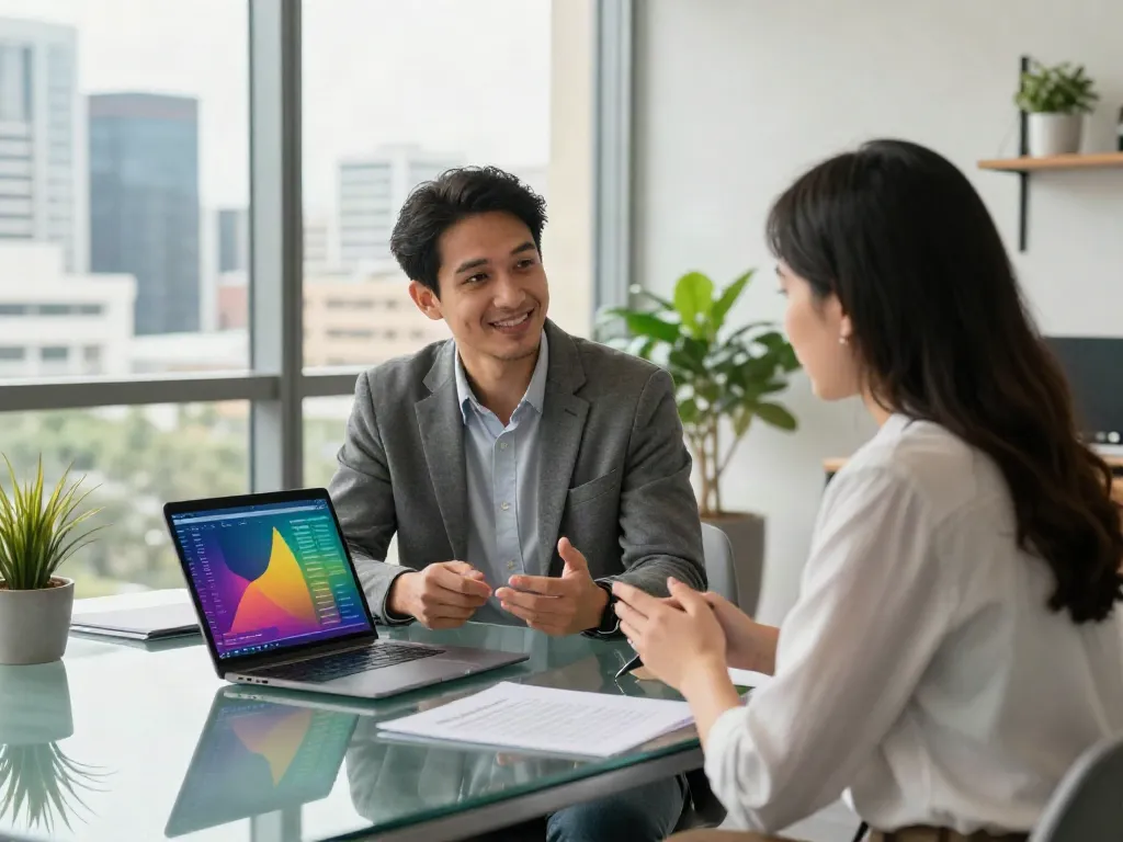 Finance broker in Brisbane discussing tailored loan solutions with a client in a modern office.