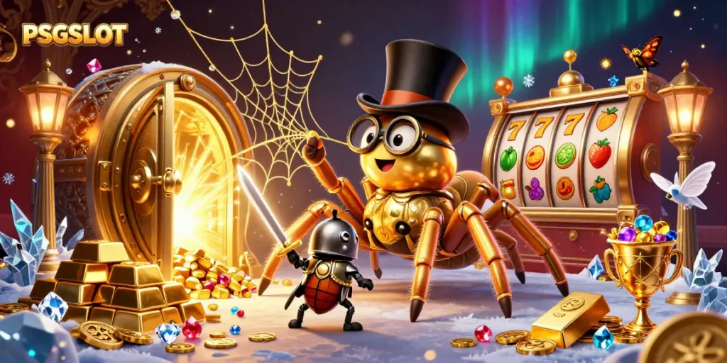 Experience the adventure of PSGSLOT as a golden tarantula weaves a treasure web in an explosive casino setting.