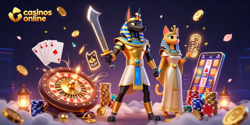 Gana en casinos online con Anubis y Bastet rodeados de monedas doradas y juegos de azar.