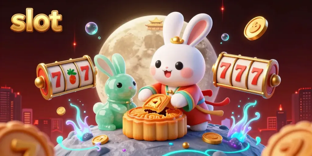 Experience a colorful slot game scene with a moon rabbit and poker chips amidst vibrant casino elements.