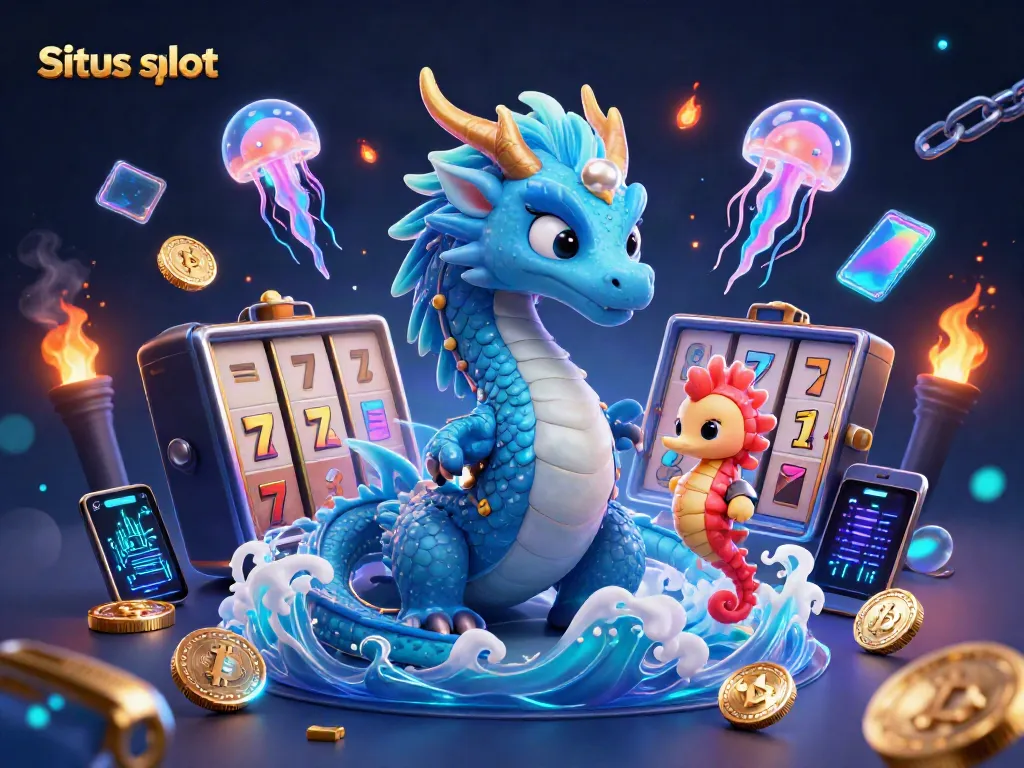 Engage with Situs slot adventure featuring a dragon, seahorse knight, and vibrant casino elements.