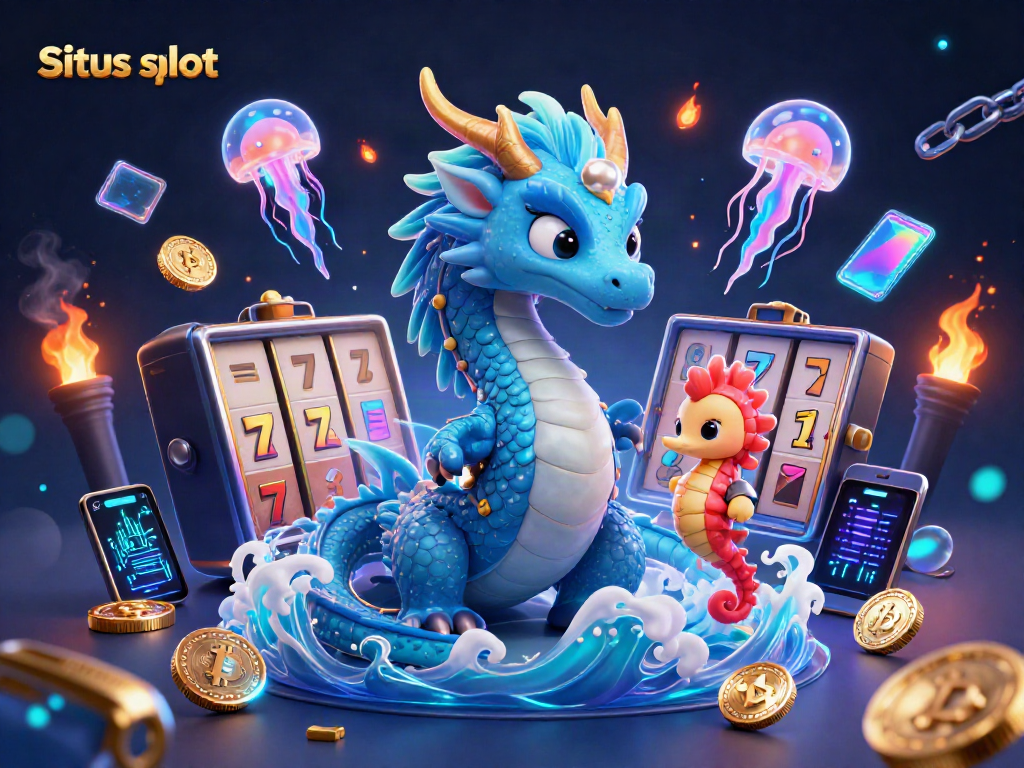 Engage with Situs slot adventure featuring a dragon, seahorse knight, and vibrant casino elements.