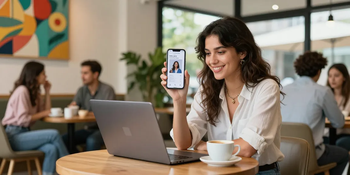 Young woman exploring how old do I look with AI technology in a vibrant café.