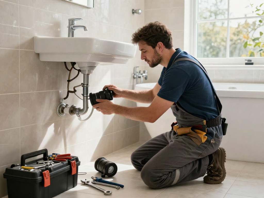 Professional plumber from WeFix London installing modern fixtures in a bright bathroom, ensuring quality home service.