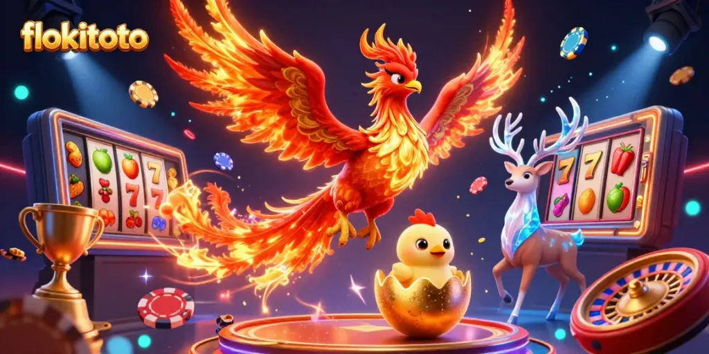Experience the thrill of flokitoto with vibrant 3D casino elements, a phoenix, and slot games.