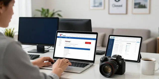 Person seeking Hotmail support Canada in a modern home office