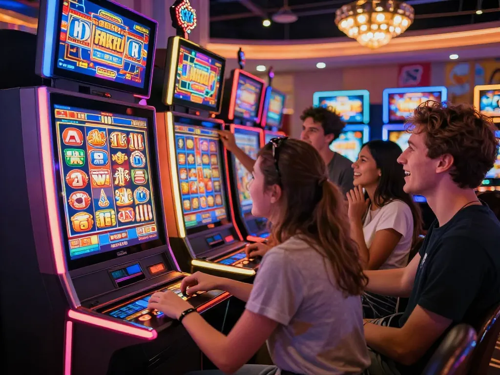 Friends enjoying a thrilling slot machine experience with bright colors and lively atmosphere.