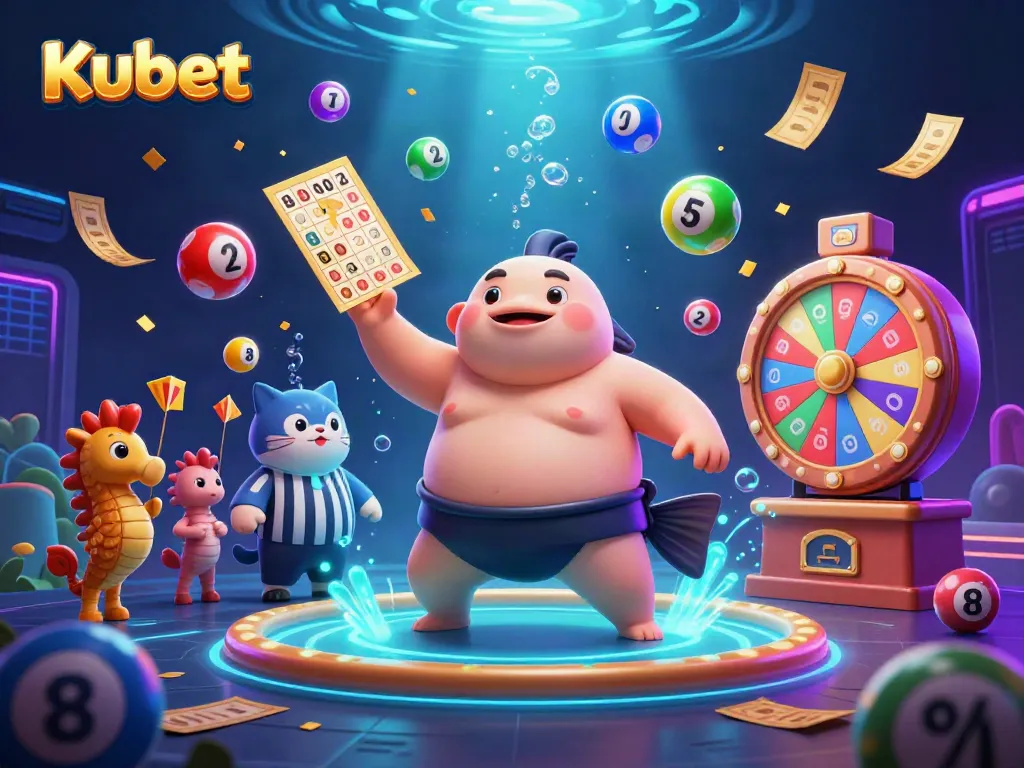 Engaging Kubet scene illustrating a sumo fugu in an underwater casino with lots of colorful game elements.